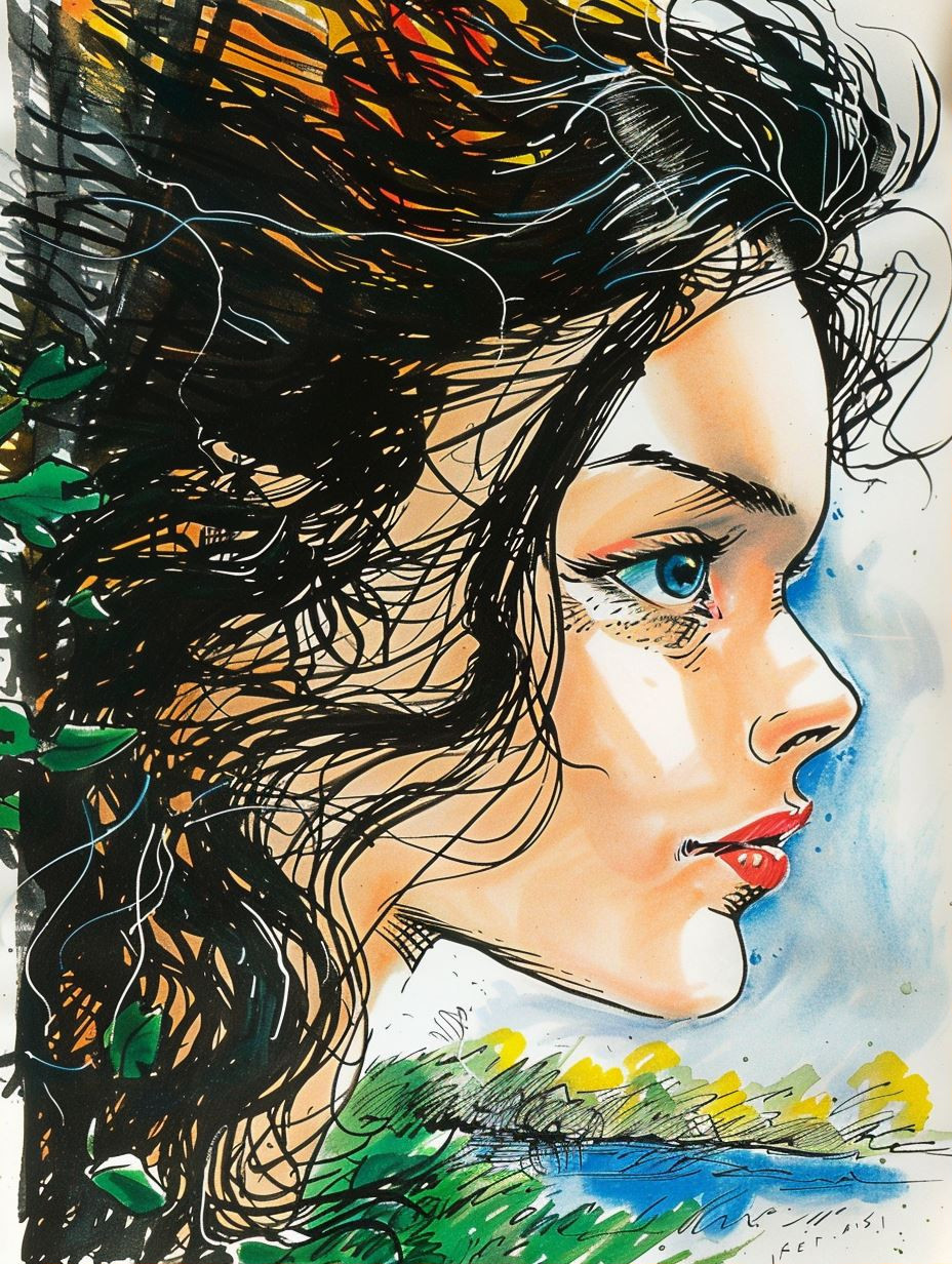 Expressive Ink and Watercolor Portrait - Image 1