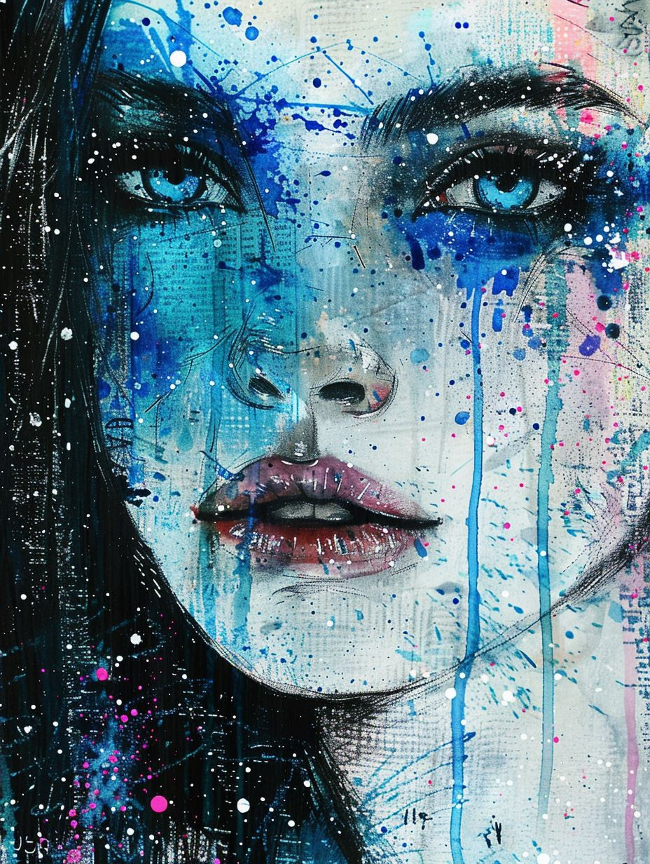 Melancholic Blue Watercolor Portraits - Image 2