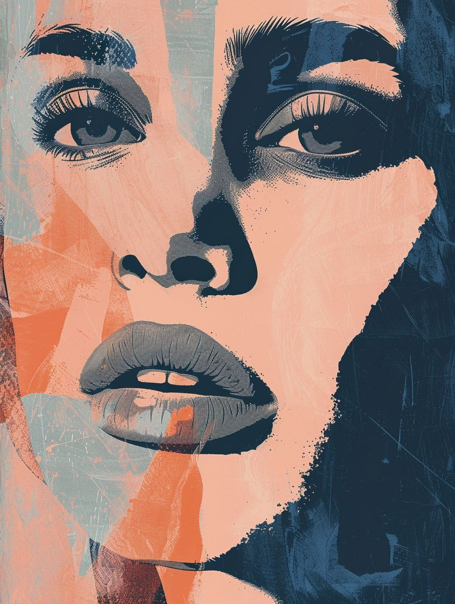 Fragmented Faces in Blue and Coral - Image 1