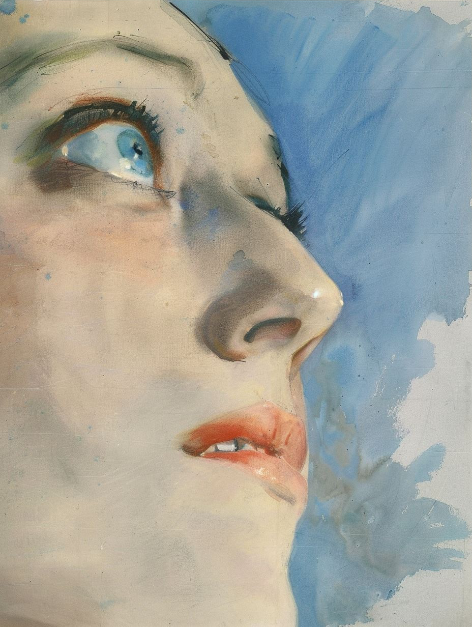 Four Gazes in Blue Watercolor - Image 3
