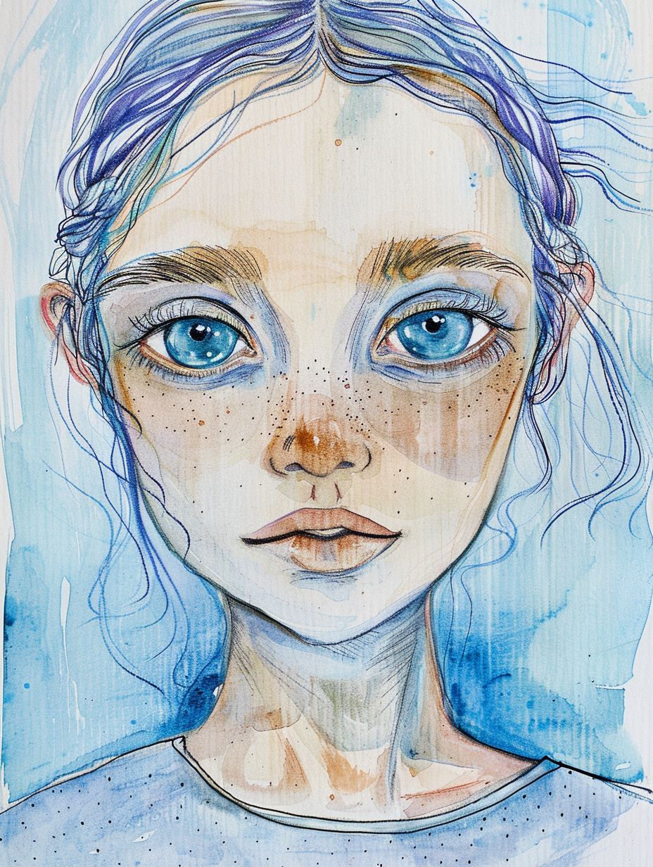 Azure Gazes: A Watercolor Study - Image 1