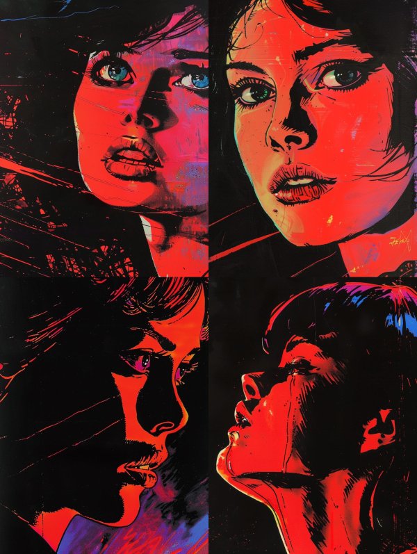 Neon Shadows: A Study of Four Faces