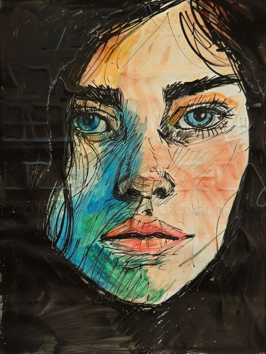 Melancholy Gaze in Ink Watercolor - Image 2