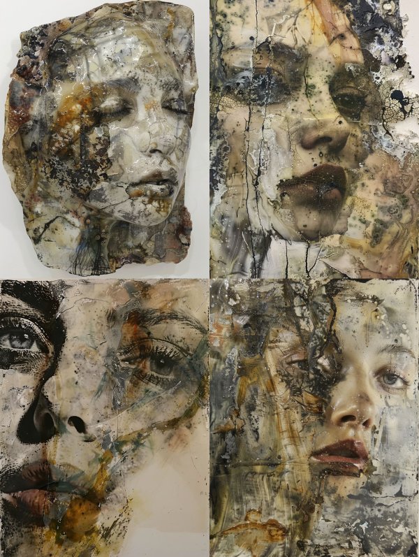 Fragmented Visages in Textured Mixed Media