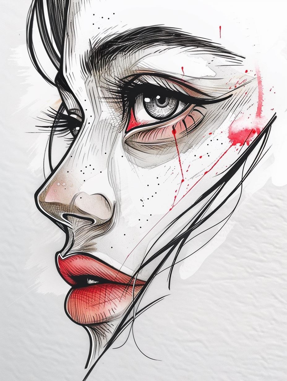 Melancholic Crimson Ink Portrait - Image 4