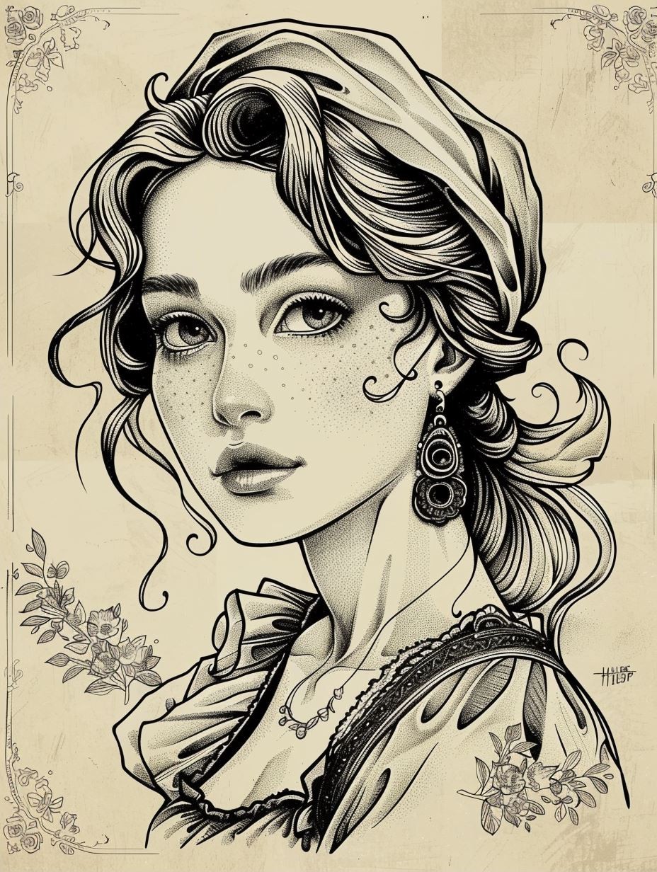 Intricate Ink Nouveau Portrait - Image 2