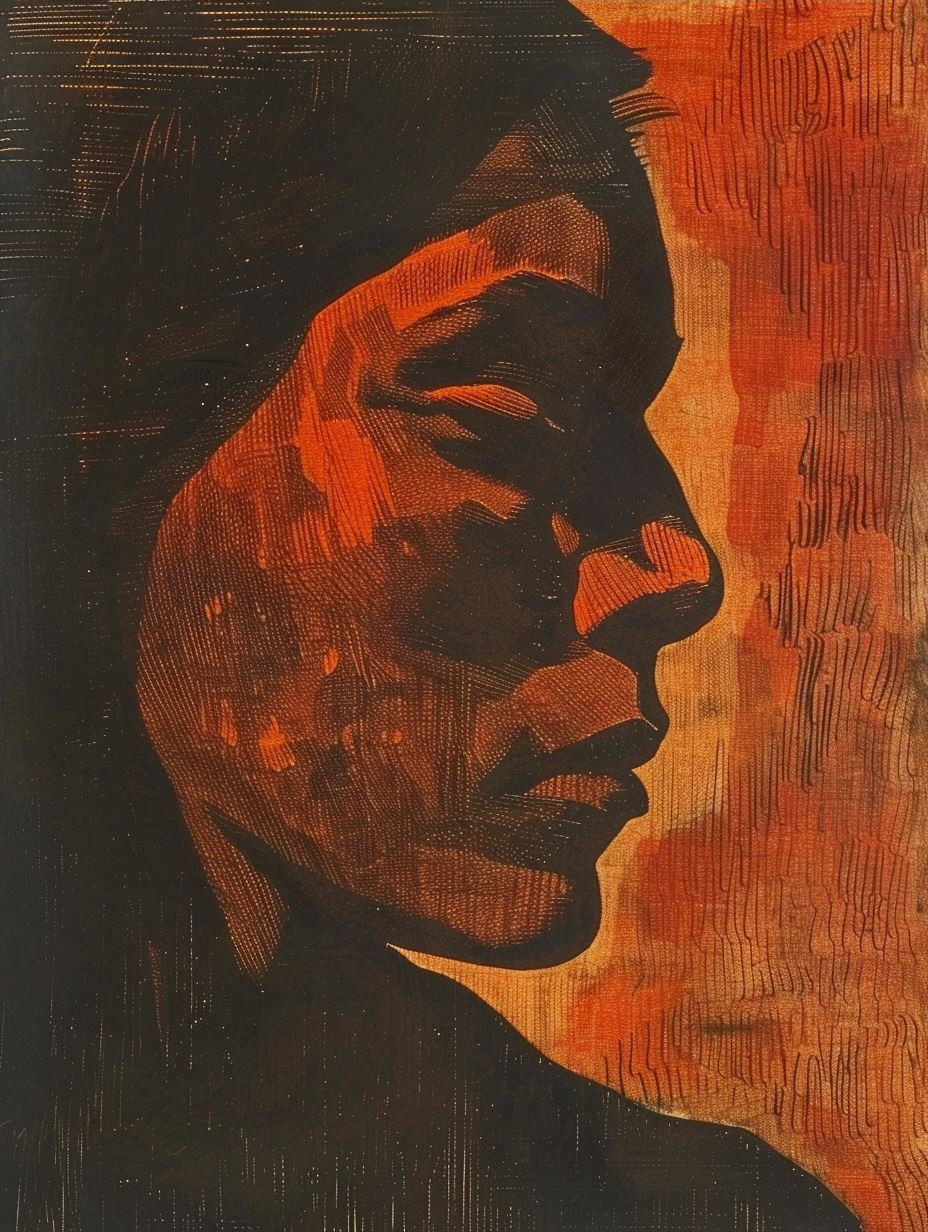 Four Fragmented Faces in Sanguine Woodcut - Image 3