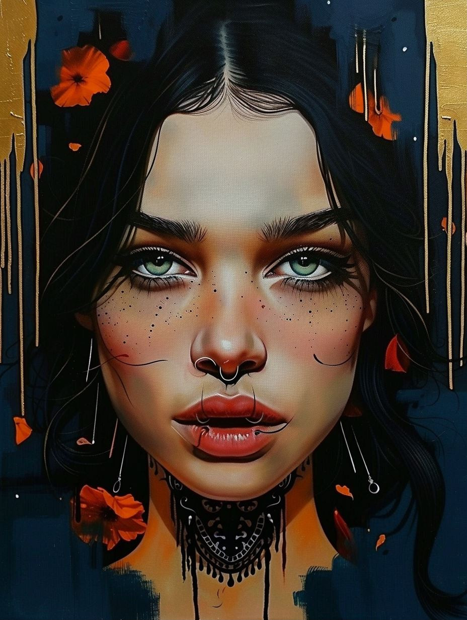 Ethereal Gaze in Golden Rain - Image 1
