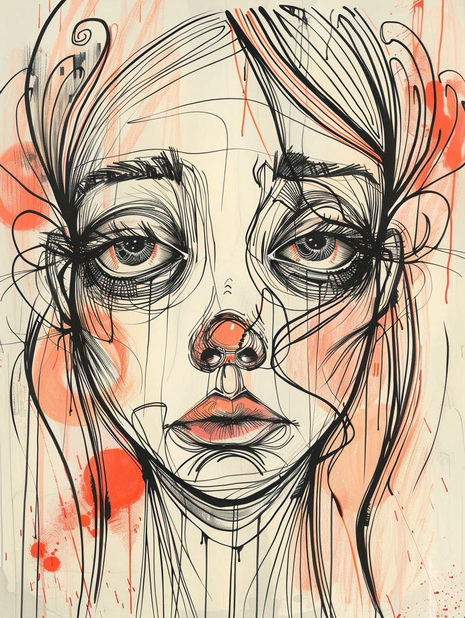 Whimsical Ink and Crimson Portraits - Image 4