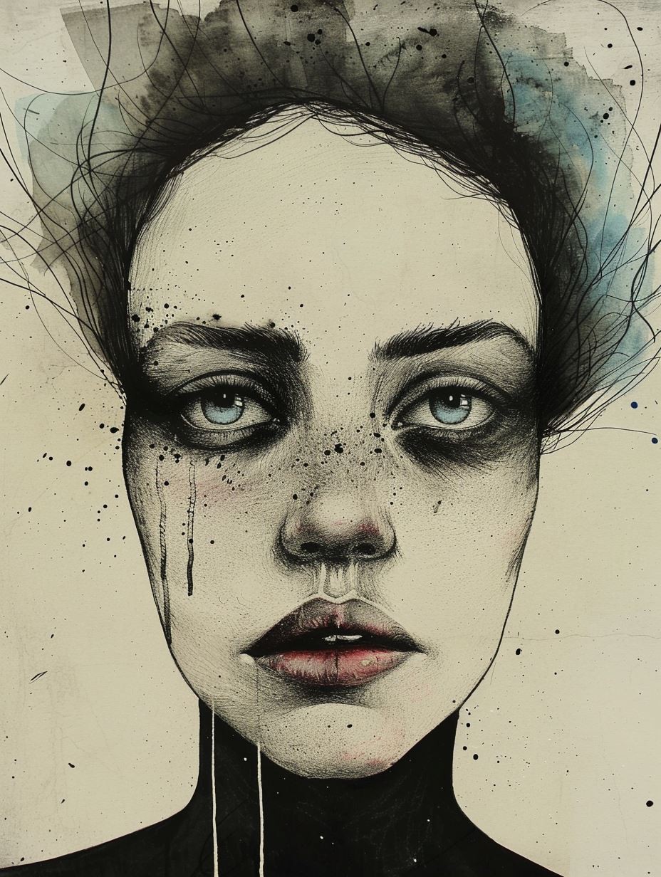 Melancholic Ink and Watercolor Portrait - Image 1