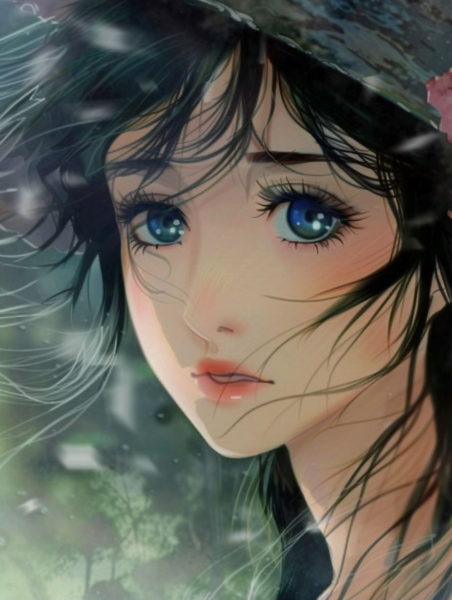 Melancholy Gaze in Soft Rain - Image 1