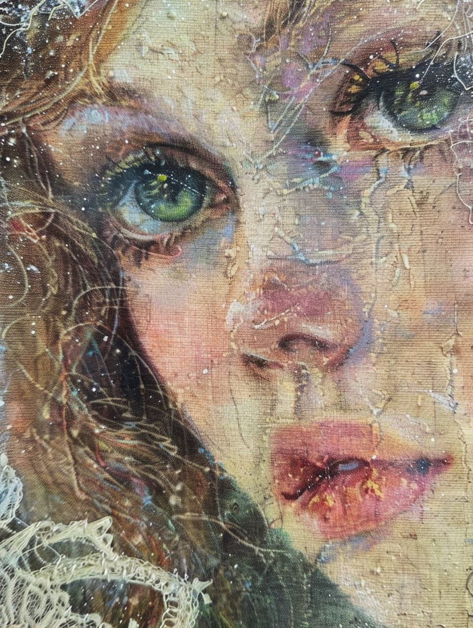 Ethereal Gaze in Cracked Canvas - Image 1
