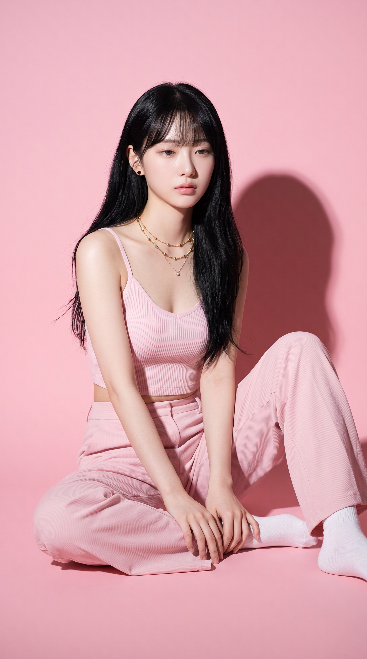 Minimalist Pastel Pink Editorial Portrait of East Asian Woman