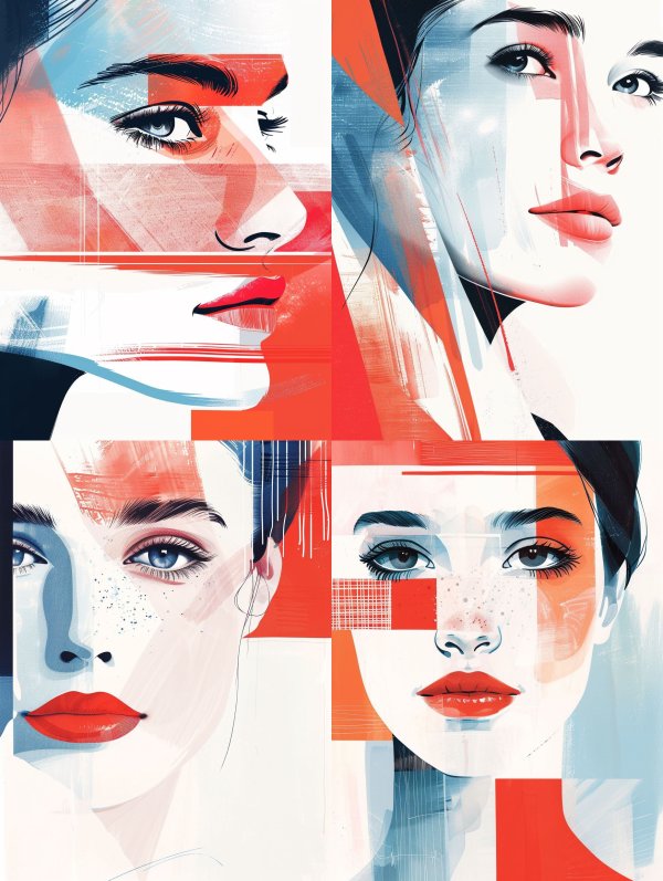 Fragmented Beauty in Red and Blue