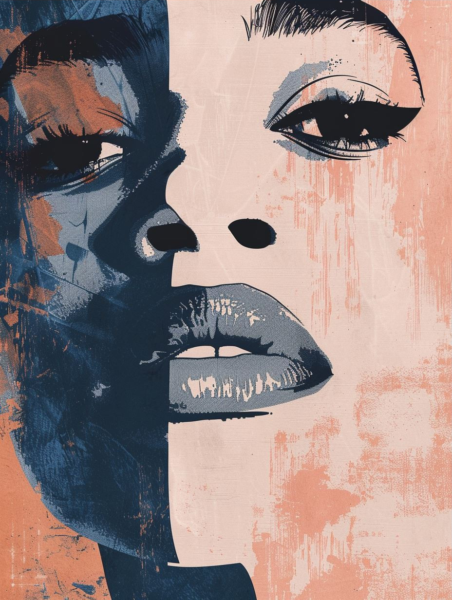 Fragmented Faces in Blue and Coral - Image 3