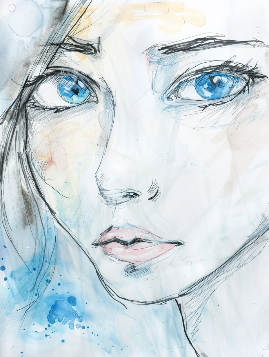 Azure Gaze: Watercolor Portrait Studies - Image 4