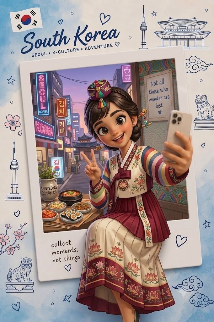 Whimsical 3D Travel Polaroid Character Scene - alternate