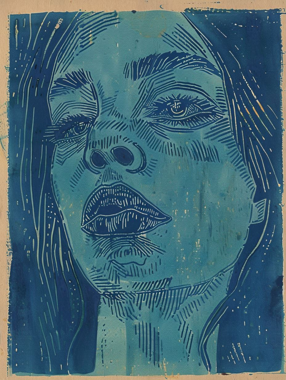 Moody Blue Linocut Portraits - Image 1