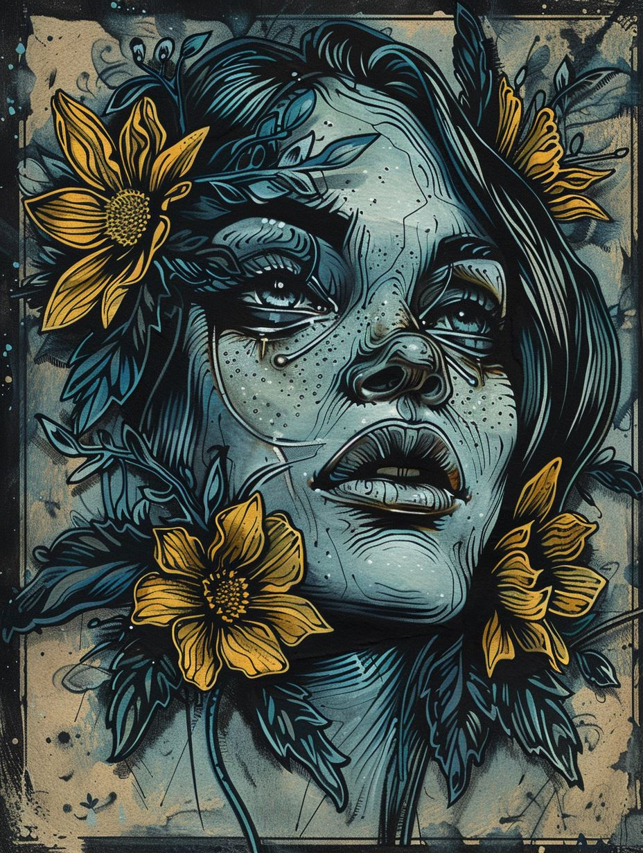 Melancholy Blue Floral Portraits - Image 1