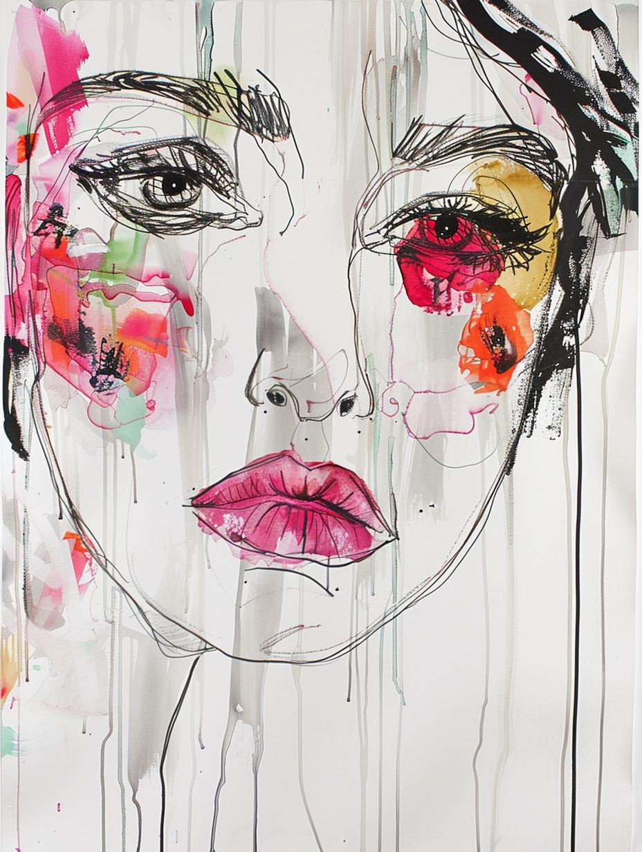 Abstract Feminine Faces in Ink and Watercolor - Image 3