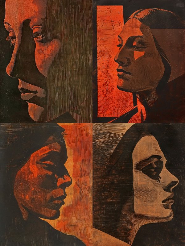 Four Fragmented Faces in Sanguine Woodcut
