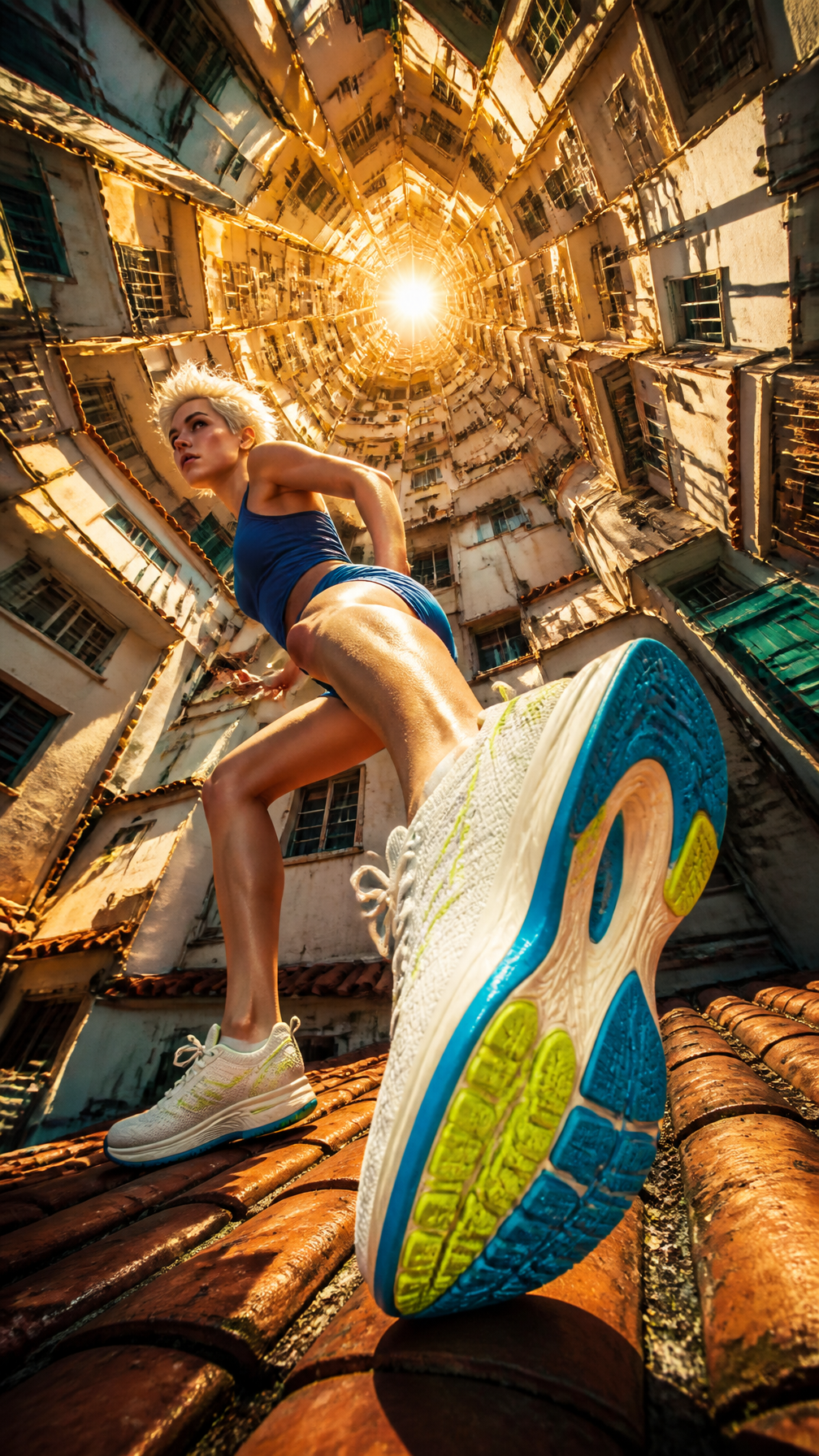 Athletic Sprint Through Mediterranean Rooftop Vortex