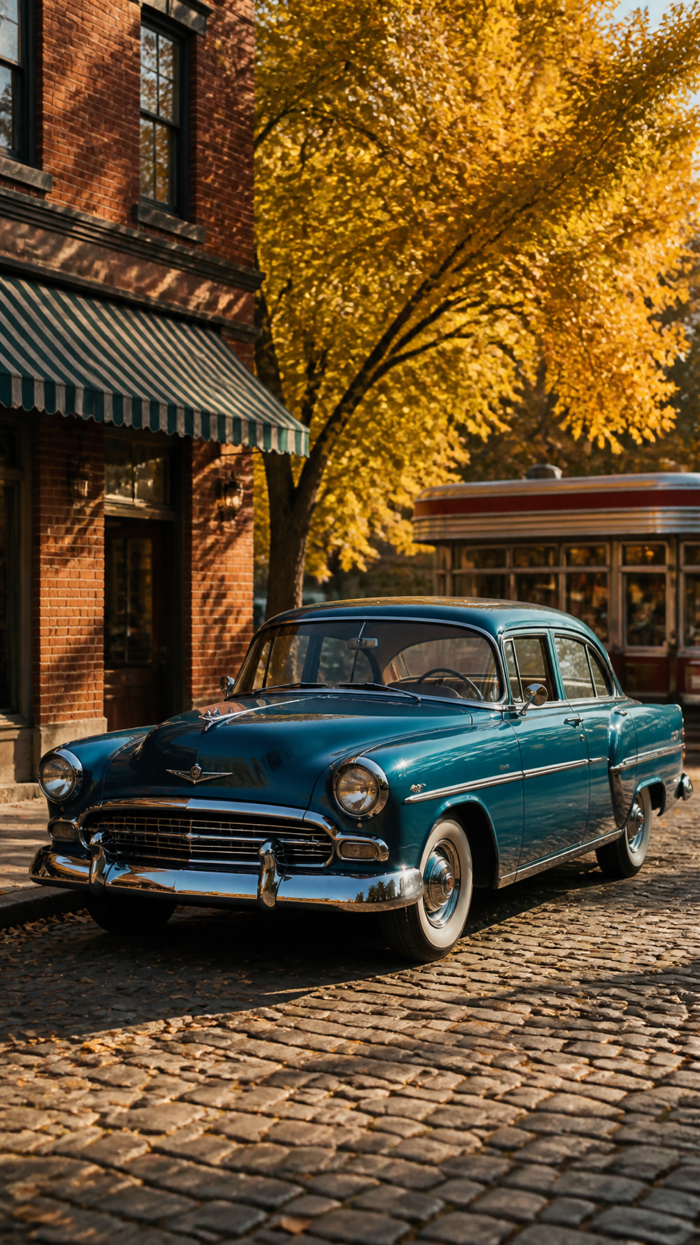 Vintage Teal Sedan on Autumn Cobblestone Street