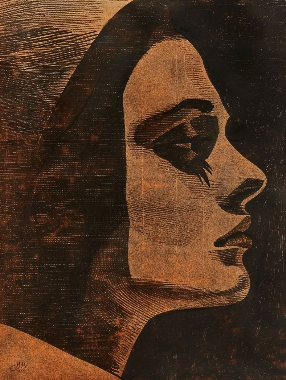 Four Fragmented Faces in Sanguine Woodcut - Image 4
