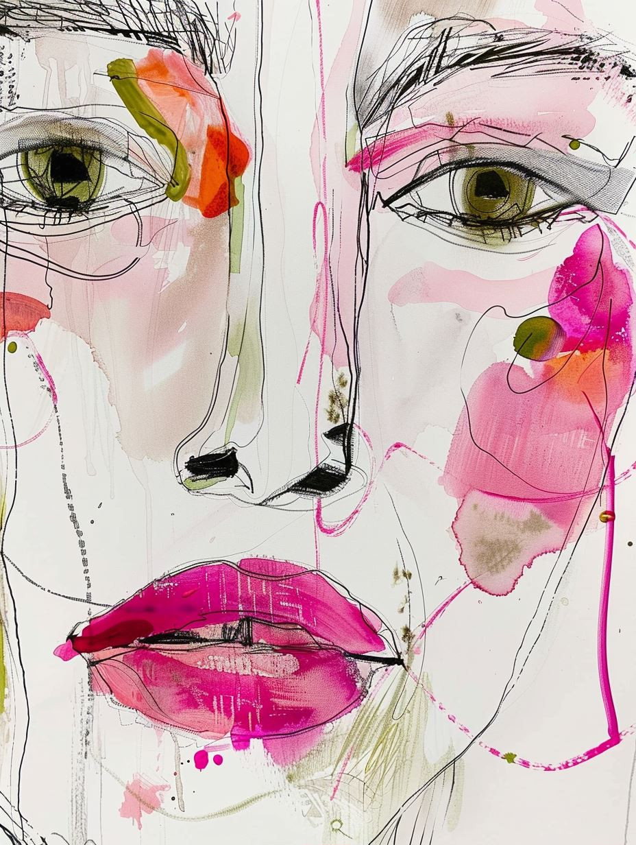 Abstract Feminine Faces in Ink and Watercolor - Image 2