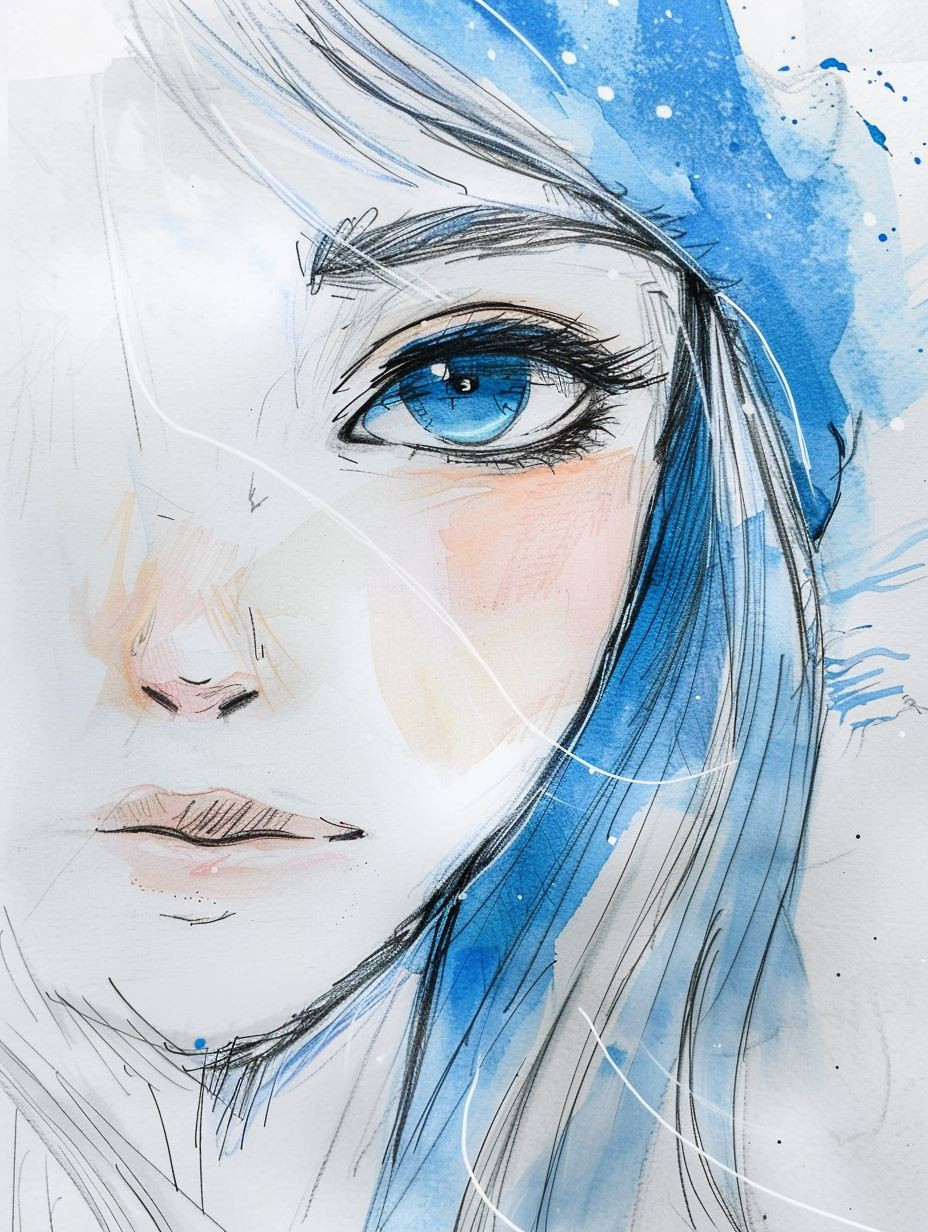 Azure Gaze: Watercolor Portrait Studies - Image 2