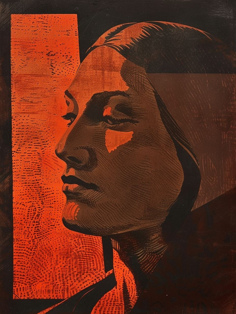 Four Fragmented Faces in Sanguine Woodcut - Image 2