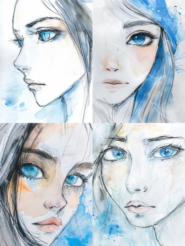 Azure Gaze: Watercolor Portrait Studies