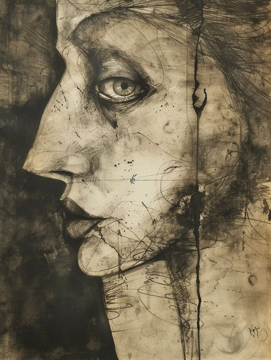 Melancholy Ink and Charcoal Portrait - Image 4