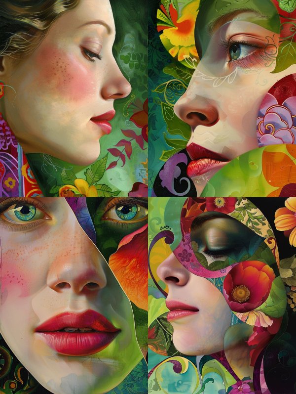 Floral Whispers: A Surrealist Portrait Quad