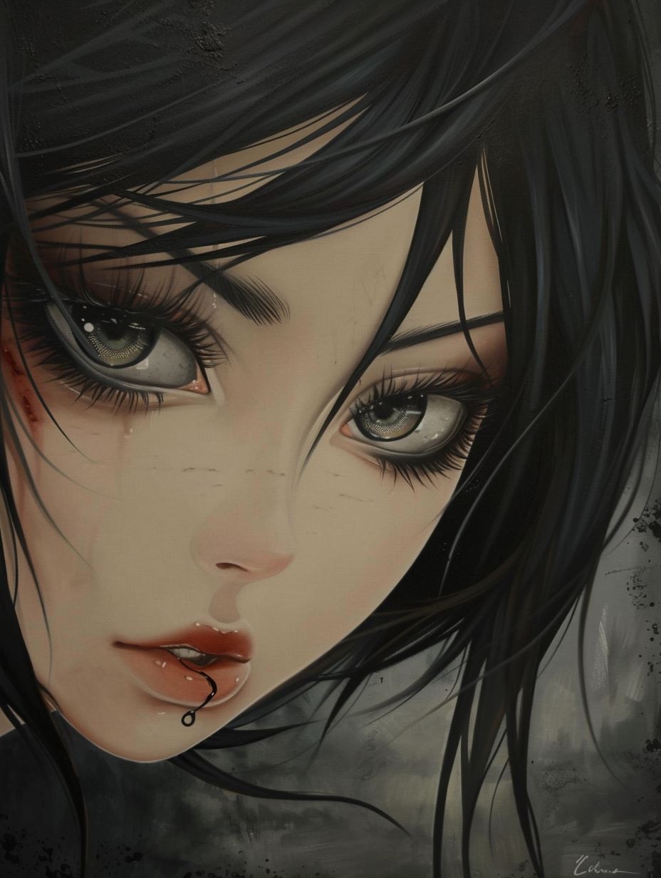 Melancholy Gaze in Dark Ink - Image 1