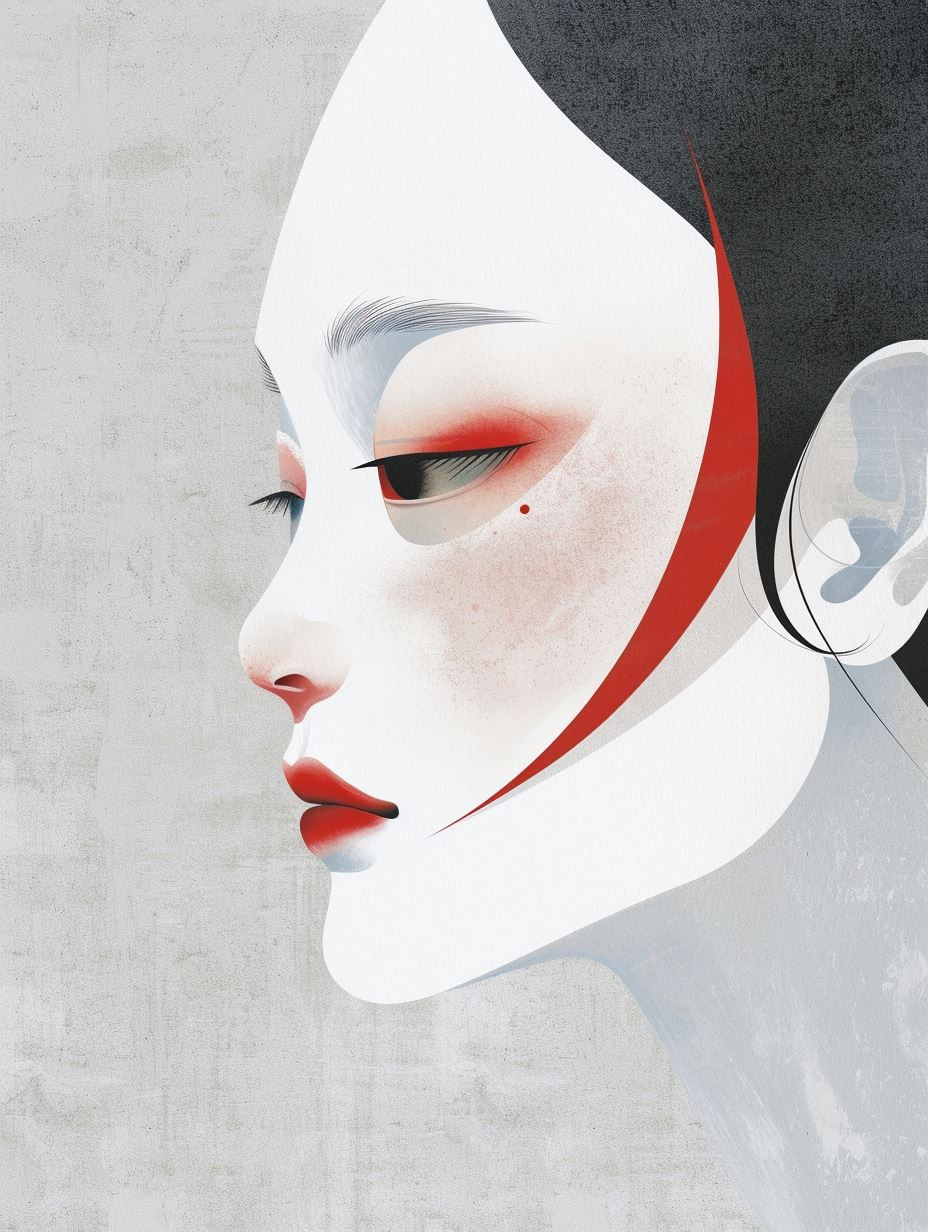 Minimalist Crimson Asian Portraits - Image 1