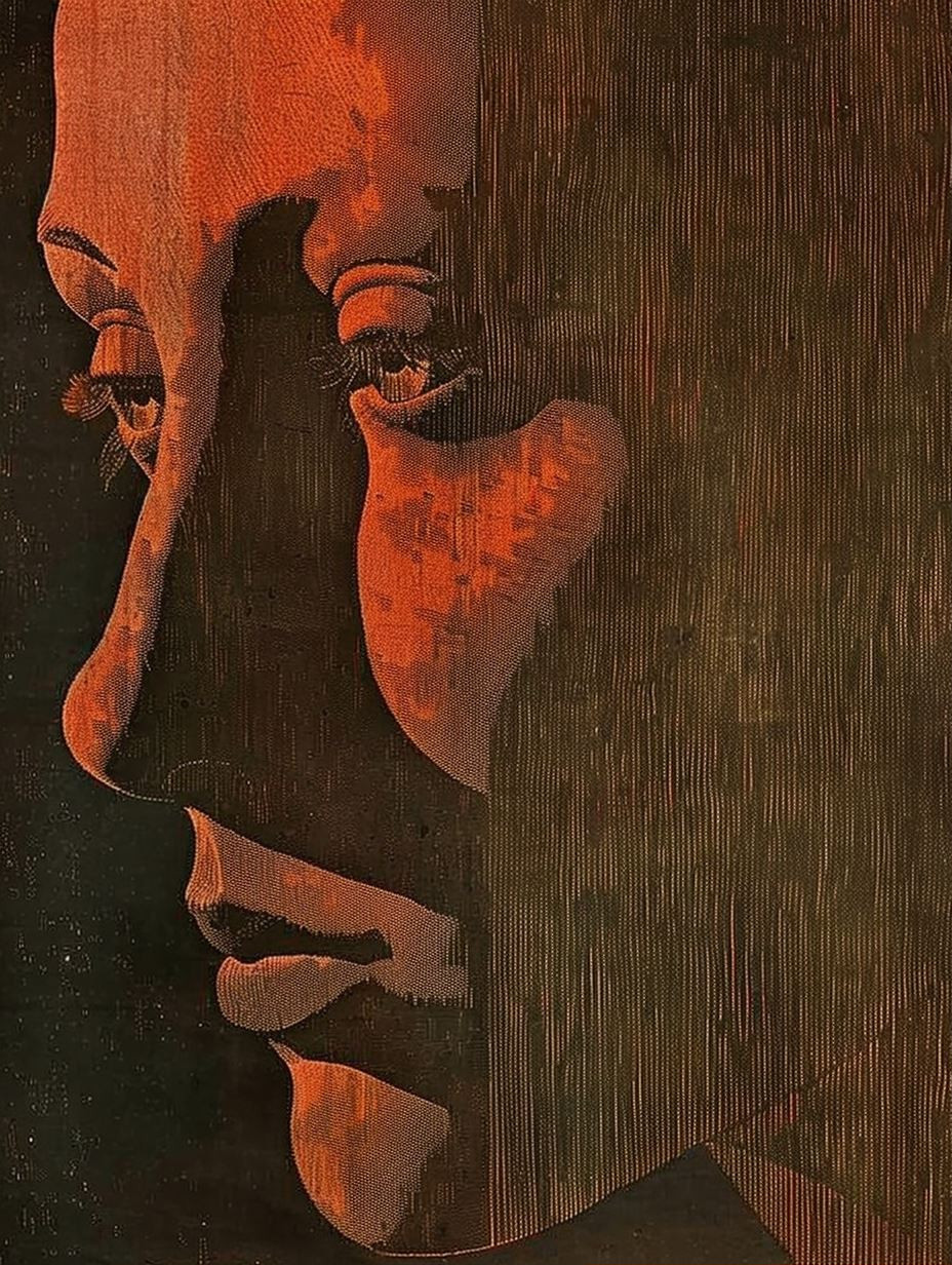Four Fragmented Faces in Sanguine Woodcut - Image 1