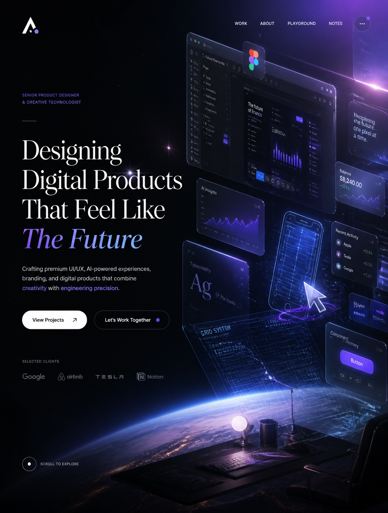 Futuristic Senior Product Designer Portfolio Hero Section