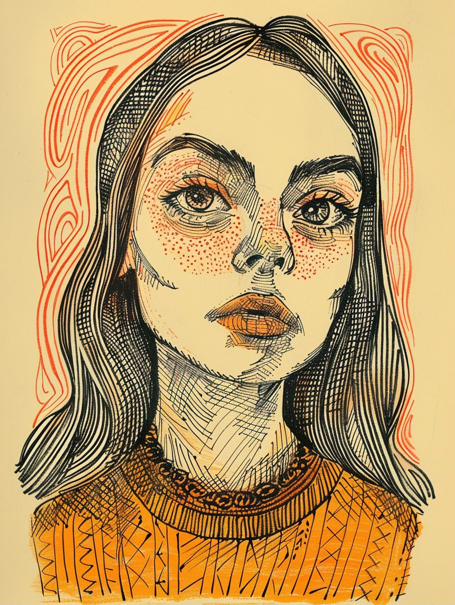 Hatched Portrait in Amber Tones - Image 1