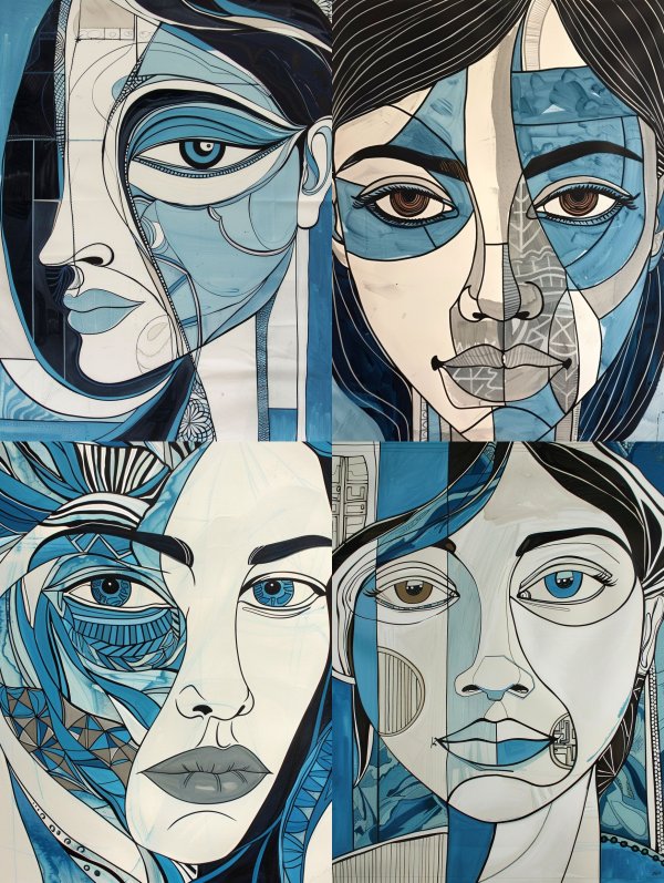 Fragmented Blue Visions of Feminine Faces