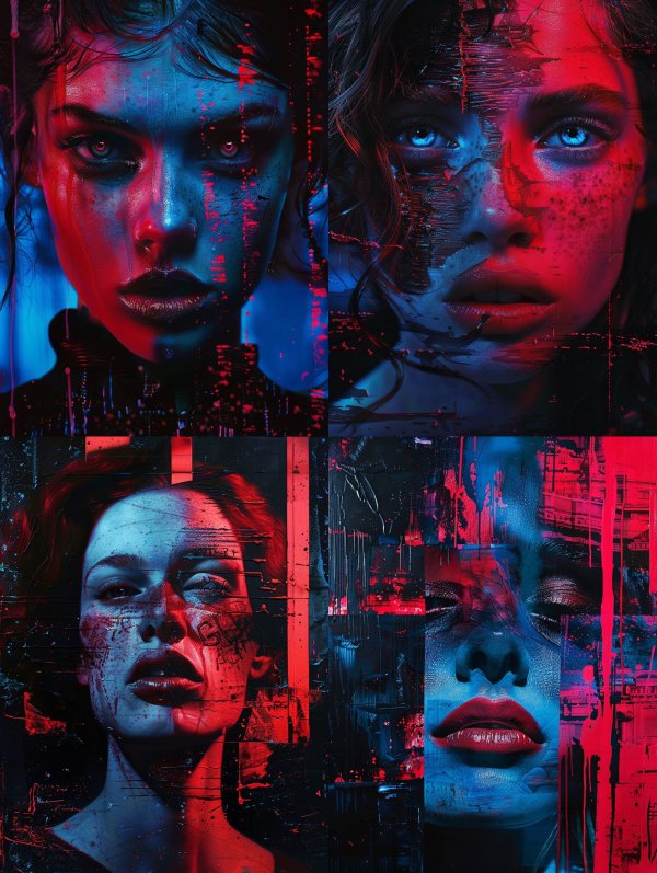 Digital Glitch Portraits in Neon Red and Blue
