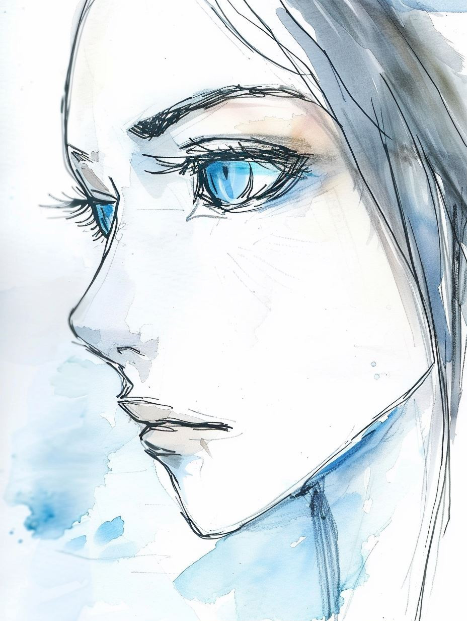 Azure Gaze: Watercolor Portrait Studies - Image 1