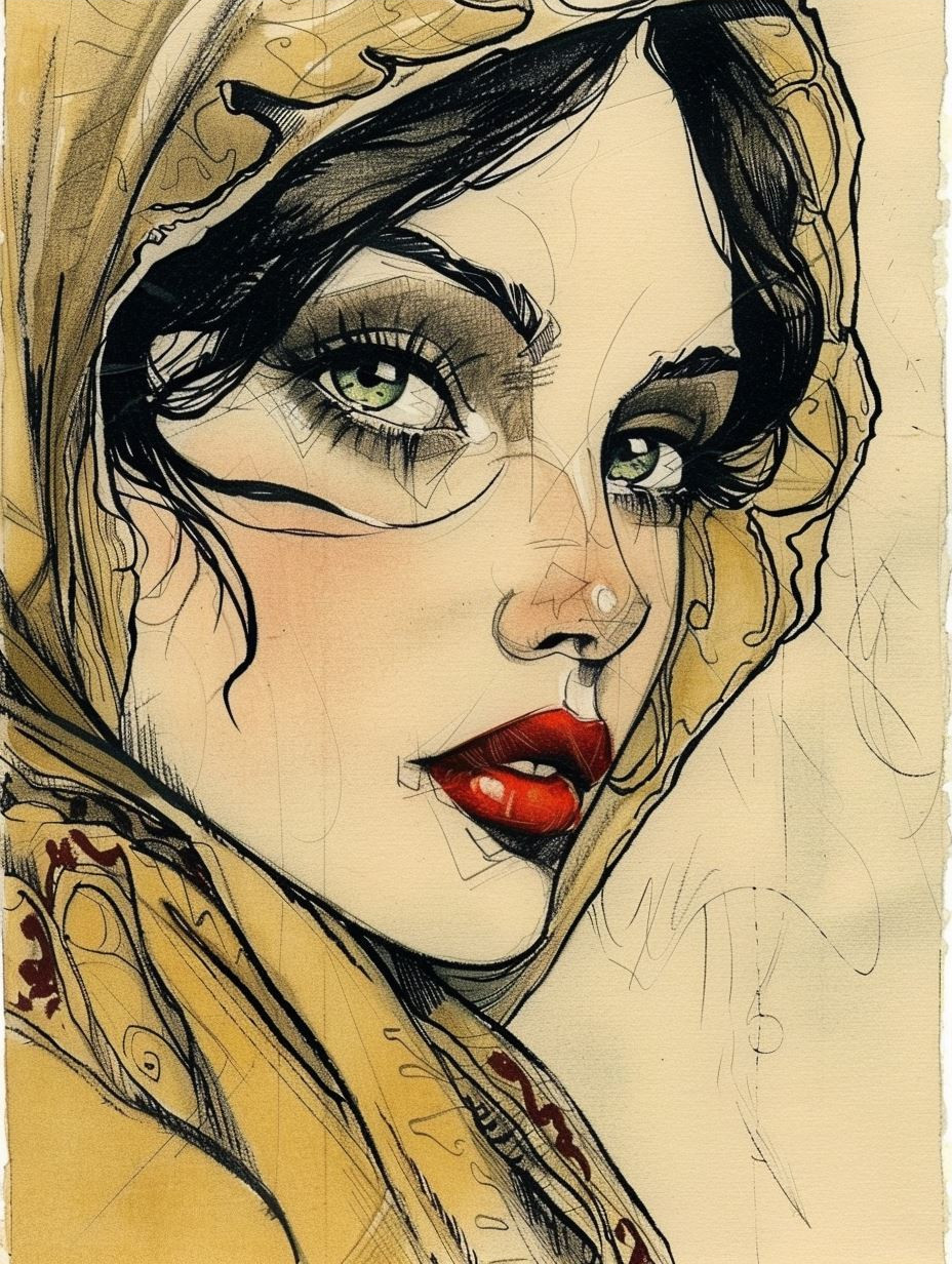 Elegant Ink and Watercolor Portrait - Image 3