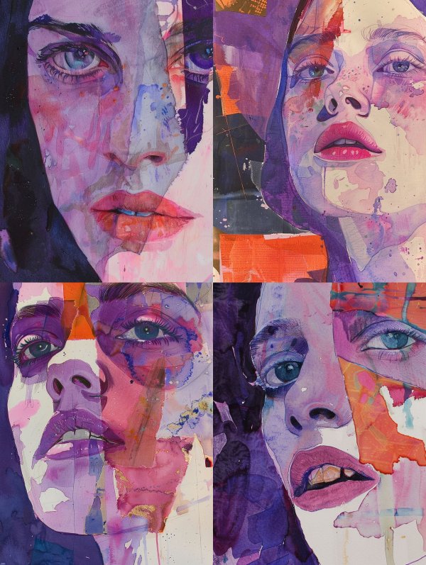 Fragmented Portraits in Violet Hues