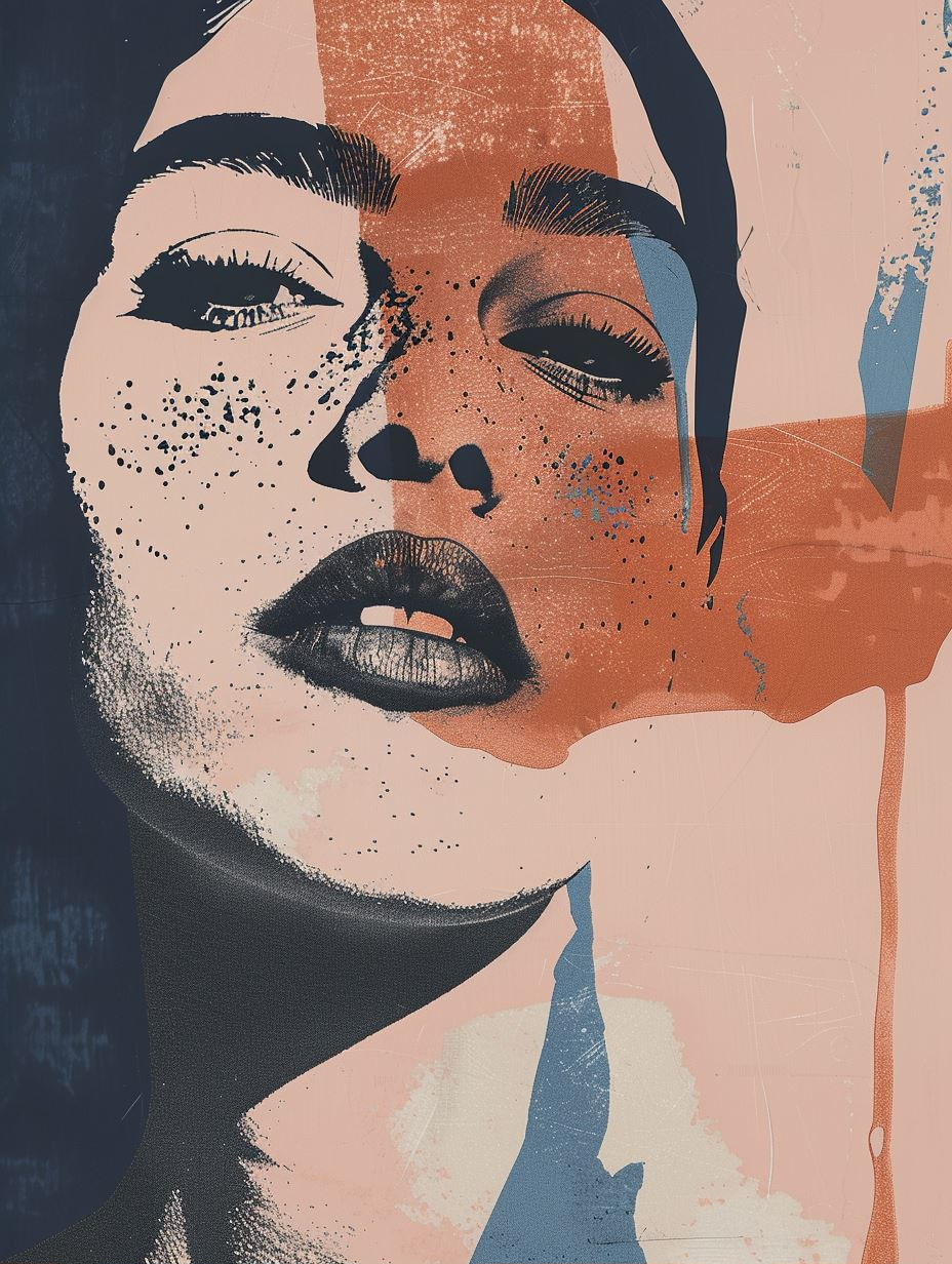 Fragmented Faces in Blue and Coral - Image 2