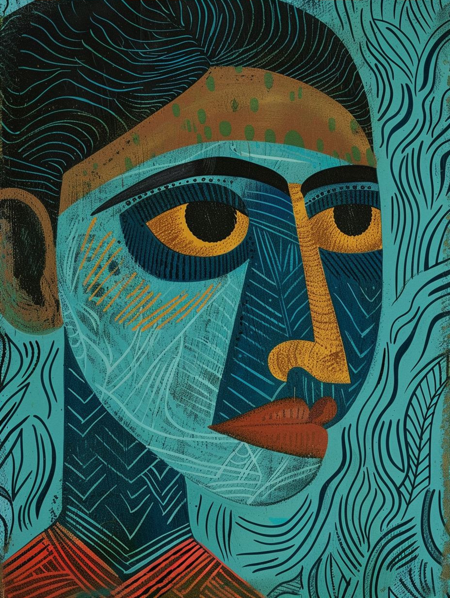 Azure Mysticism Folk Art Portrait - Image 3