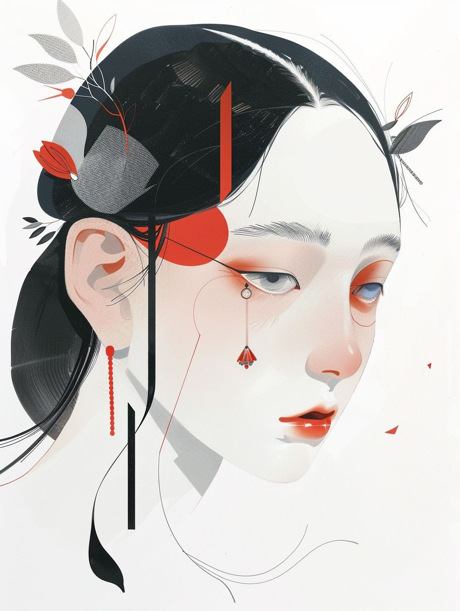 Minimalist Crimson Asian Portraits - Image 2