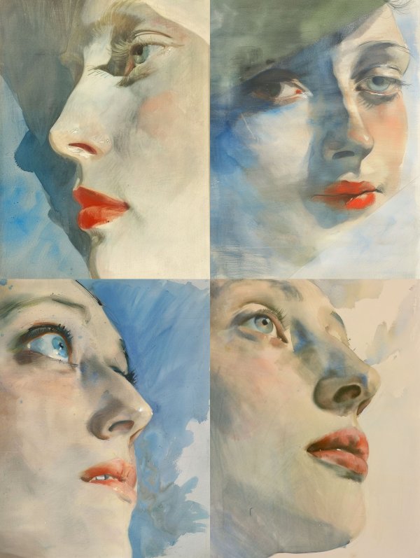 Four Gazes in Blue Watercolor