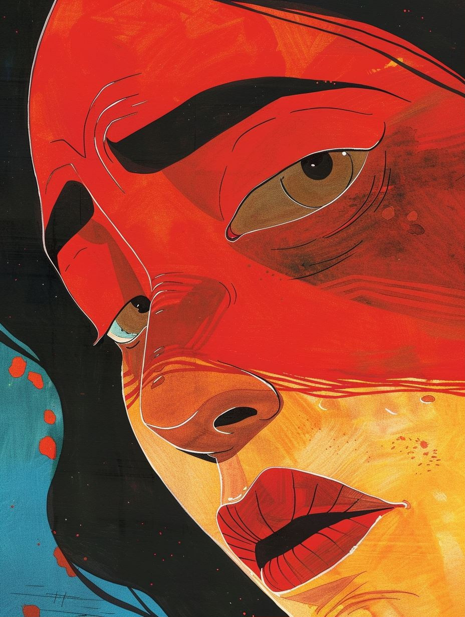 Crimson Masked Modernist Portrait - Image 1