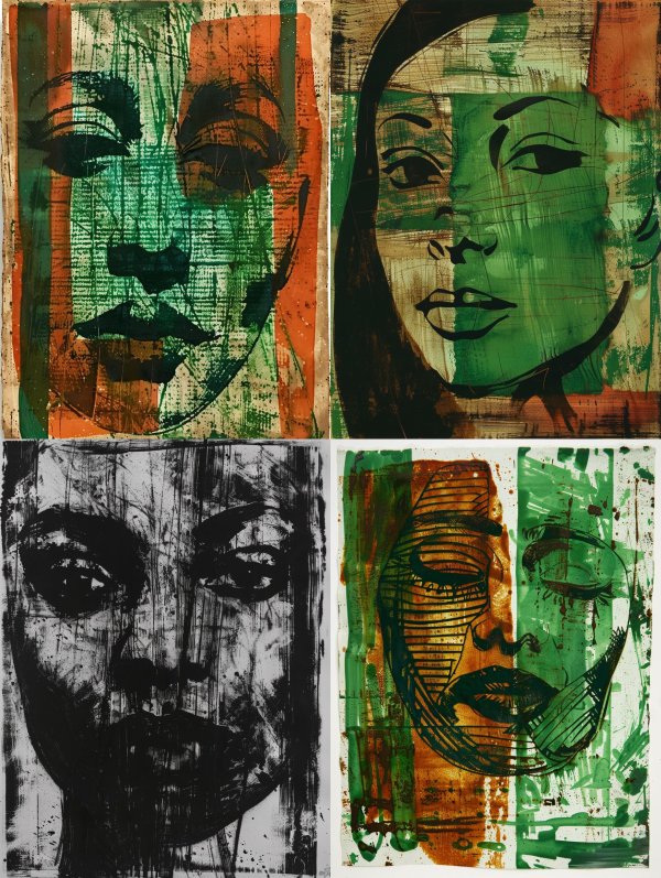 Abstract Faces in Green and Orange